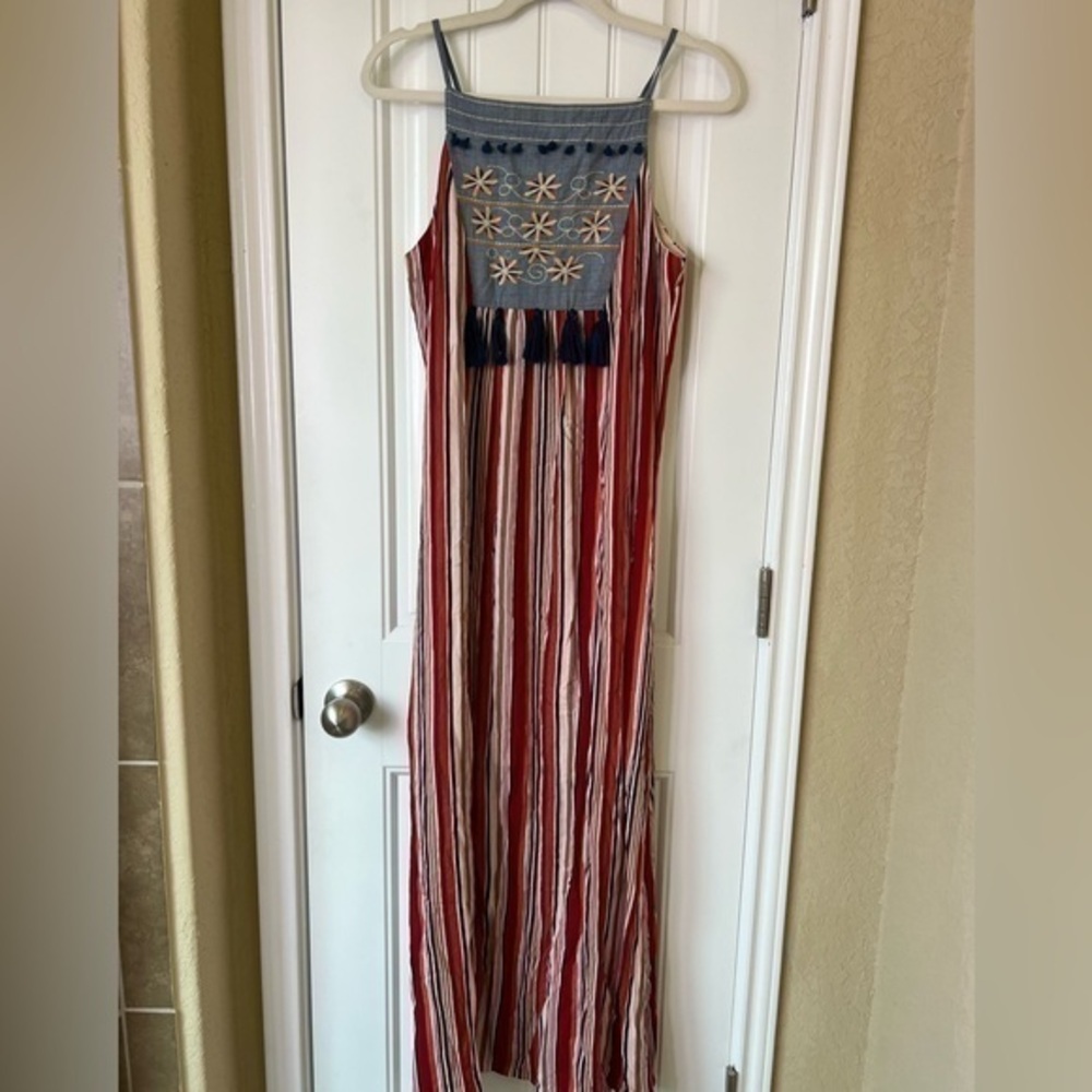 THML Red Multi Color Striped Floral Embroidered Tassel